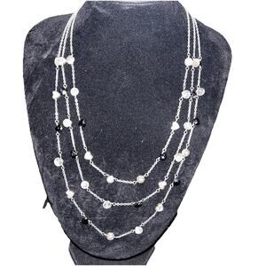 BRIGHTON Necklace Three Strand Heart Flower Black Gray Beads Silver Plate